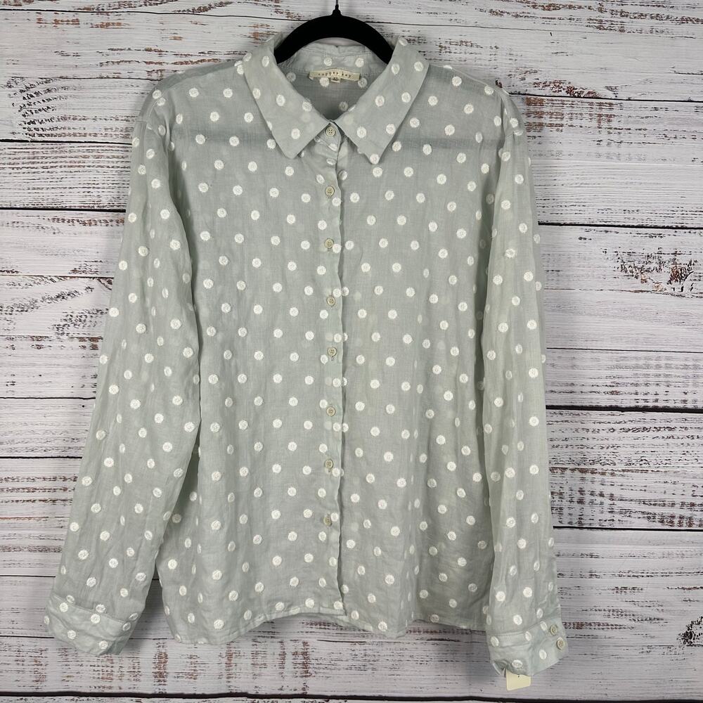 Womens NWT Copper Key Light Sage Green Swiss Dot Button Up Top Cotton Coastal XL